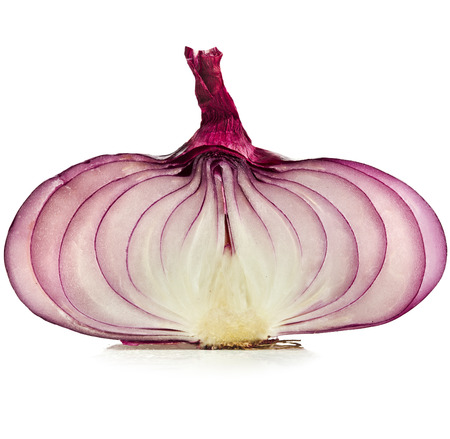 Half fresh red onion close up isolated on white backgroundの写真素材