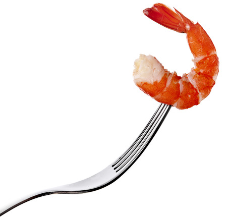 shrimp on fork isolated on whiteの写真素材