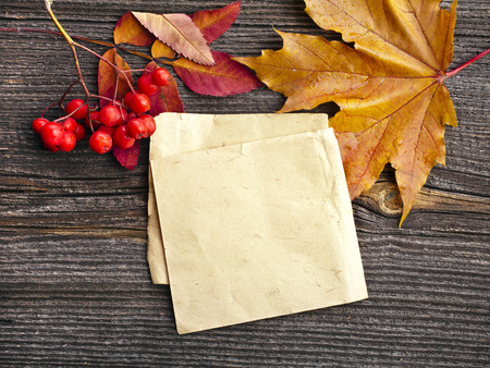 Autumn leaves with paper sheet on wooden background textureの写真素材