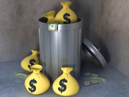 3d illustration of trashcan with moneyの写真素材