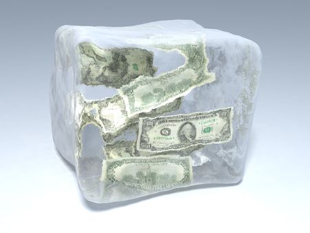 3d illustration of piece of ice with dollarsの写真素材