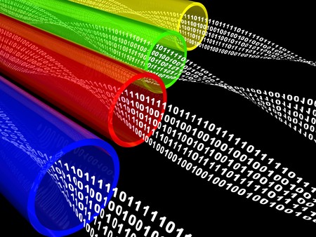 3d illustration of fiber optics with data flow, over black backgroundの写真素材