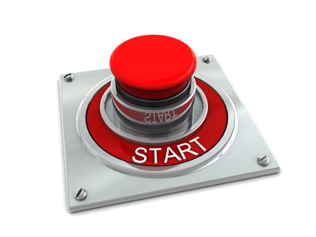 3d illustration of red button with text 'start' over white backgroundの写真素材