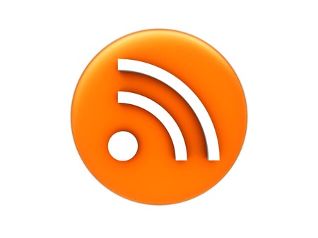 3d illustration of orange rss icon over white backgroundの写真素材