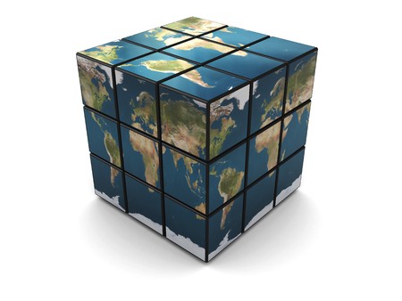 abstract 3d illustration of cube puzzle with earth map on itの写真素材