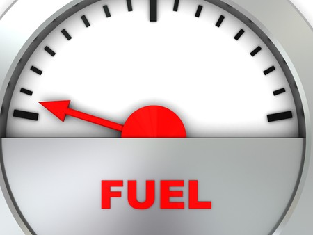 3d illustration of metal fuel meter closeup, red arrowの写真素材