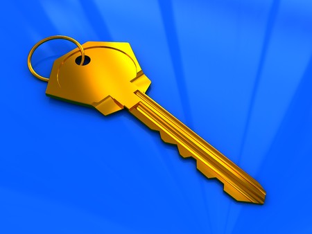 3d illustration of yellow,golden key over blue background