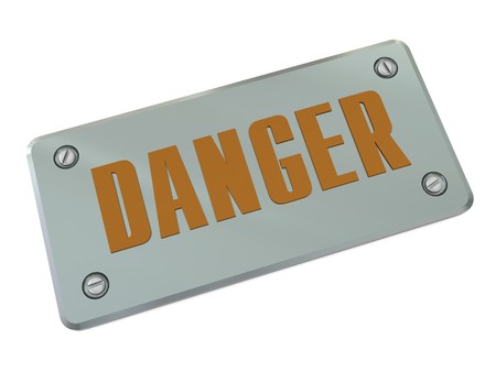 3d illustration of steel plate with 'danger' signの写真素材