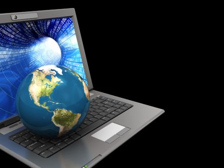 abstract 3d illustration of black background with laptop and earth globeの写真素材