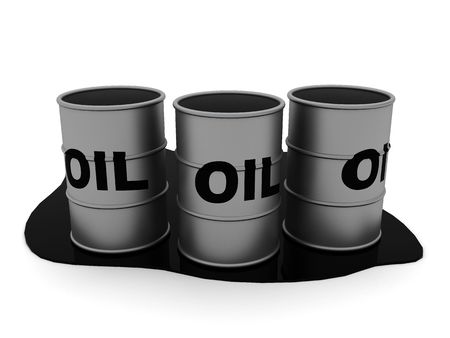 3d illustration of three oil barrels over white backgroundの写真素材