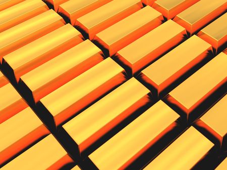 3d illustration of golden bricks rows backgroundの写真素材