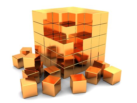abstract 3d illustration of golden cube puzzle over white backgroundの写真素材