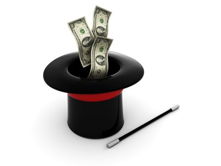3d illustration of magic hat with dollars, over white backgroundの写真素材