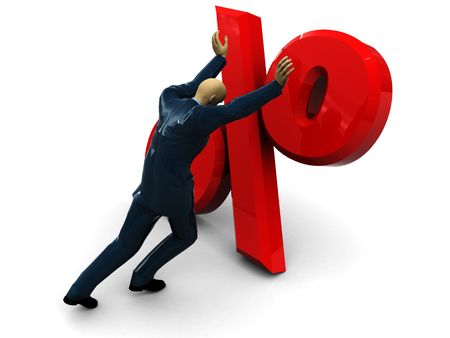 3d illustration of businessman and percent sign over white backgroundの写真素材