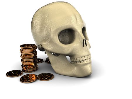 3d illustration of skull and golden coins heapの写真素材