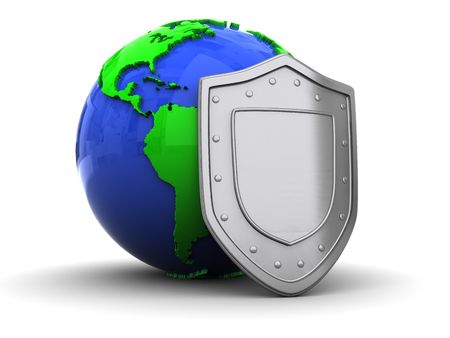 3d illustration of earth protected by steel shield over white backgroundの写真素材