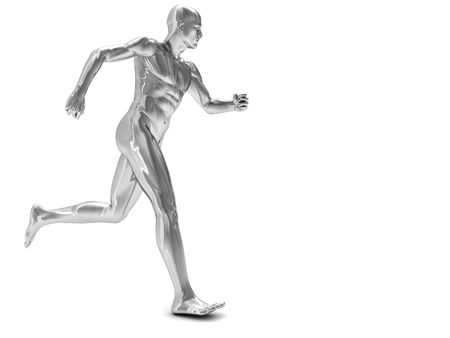 3d illustration of silver running man over white backgroundの写真素材