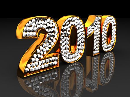3d illustration of text '2010' with diamonds, over black background 