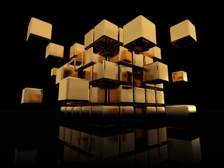 abstract 3d illustration of golden cube structure over black background