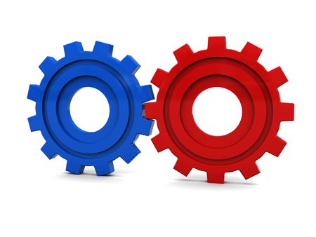 3d illustration of two gear wheels over white backgroundの写真素材