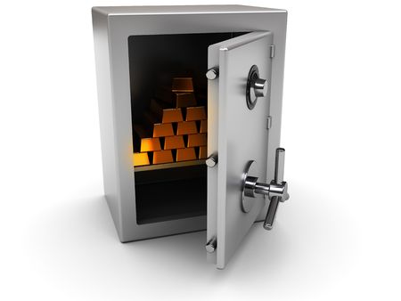 3d illustration of steel safe with golden bricks insideの写真素材