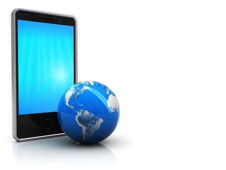 abstract 3d illustration of mobile phone and earth globe, at left side of white backgroundの写真素材