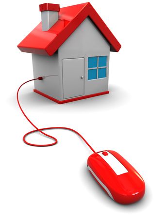 3d illustration of computer mouse connected to house, home control conceptの写真素材