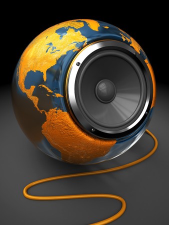 abstract 3d illustration of earth globe with audio speaker insideの写真素材