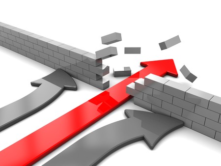 abstract 3d illustration of arrow breaking break wall, power solution conceptの写真素材