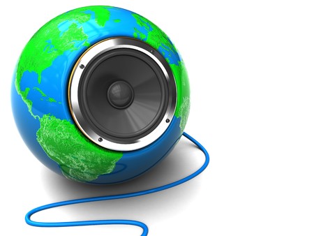 abstract 3d illustration of earth globe with audio speaker insideの写真素材
