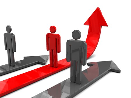 3d illustration of competition metaphor,men synmbols with red leaderの写真素材