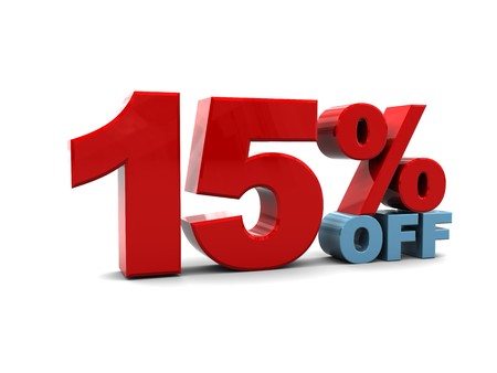 3d illustration of 15 percent discount sign, over white backgroundの写真素材