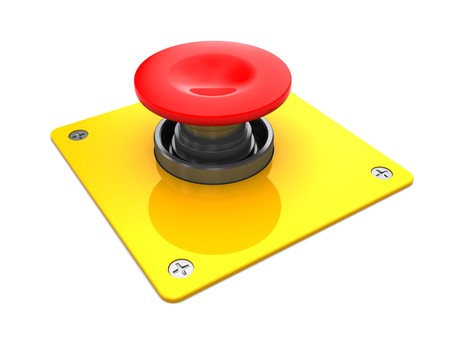 3d illustration of red button with yellow plate, over white backgroundの写真素材