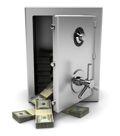 3d illustration of opened steel safe with money insideの写真素材