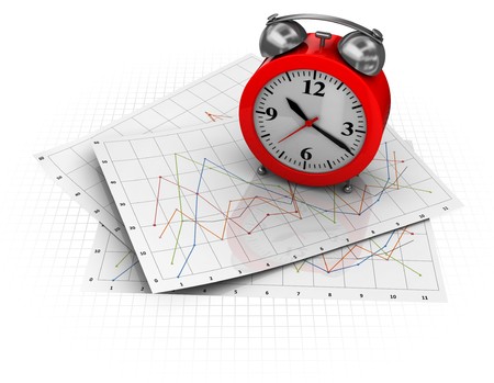 3d illustration of business diagrams and clock, over white background