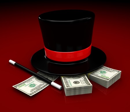 3d illustration of magic hat and wand with money, over red backgroundの写真素材