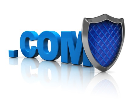 3d illustration of text '.com' and shield, internet site protection conceptの写真素材