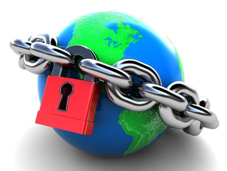 3d illustration of earth globe with chain and lockの写真素材