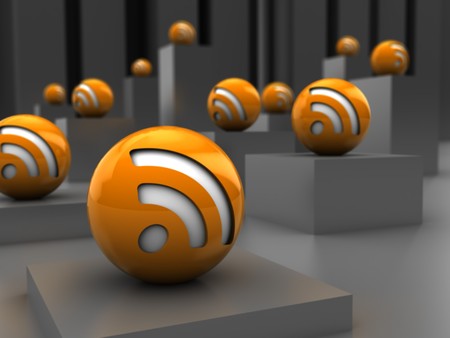 abstract 3d illustration of rss icons over steel backgroundの写真素材
