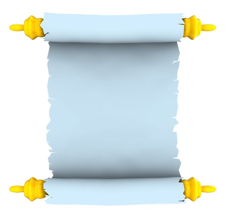 3d illustration of blue paper scroll, isolated over white backgroundの写真素材