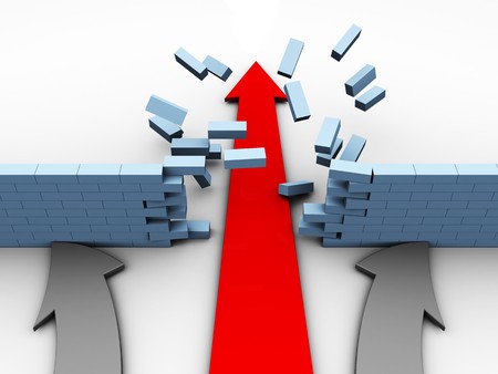 abstract 3d illustration of red arrow breaking brick wall in competitionの写真素材