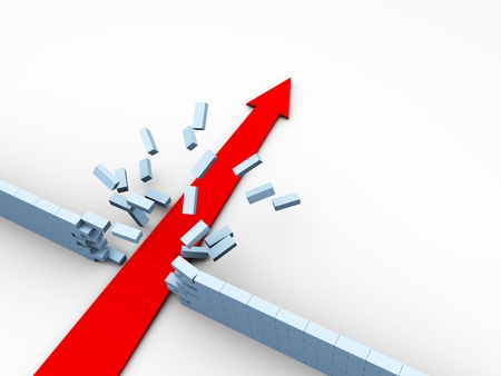 abstract 3d illustration of strong red arrow broke brick wallの写真素材