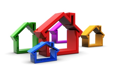 abstract 3d illustration of colorful houses symbols, over white backgroundの写真素材