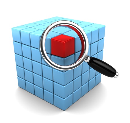 3d illustration of cube structure and magnify glass, data search conceptの写真素材