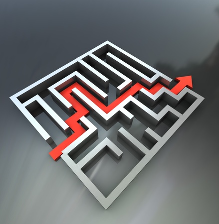 abstract 3d illustration of maze with red arrow route, over gray backgroundの写真素材