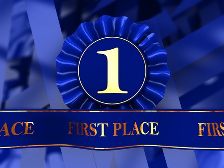 abstract 3d illustration of blue ribbons first place awardの写真素材
