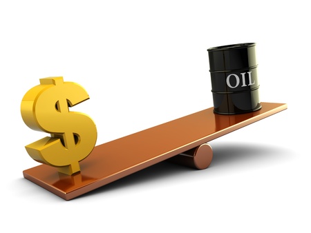 3d illustration of dollar sign and dollar barrell on scale boardの写真素材