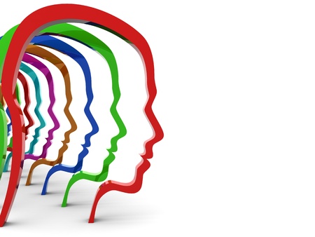 abstract 3d illustration of colrful head silhouettes over white backgroundの写真素材