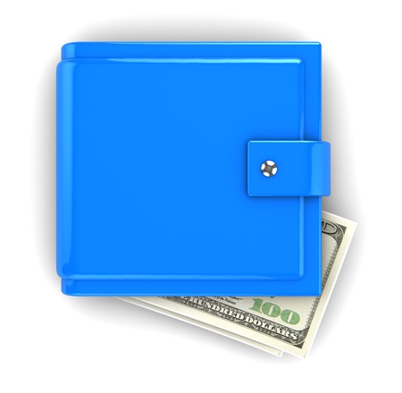 3d illustration of blue wallet with hundred dollars banknoteの写真素材