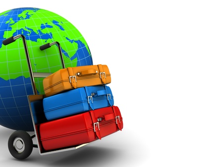 abstract 3d illustration of world globe and luggage casesの写真素材